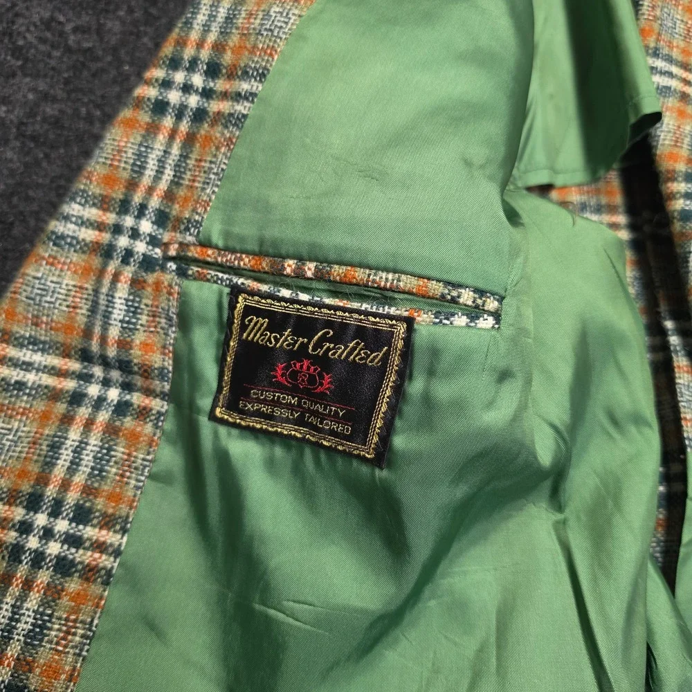Master Crafted Vintage Plaid Wool Blazer Orange Green Check Sport Coat Mens 46